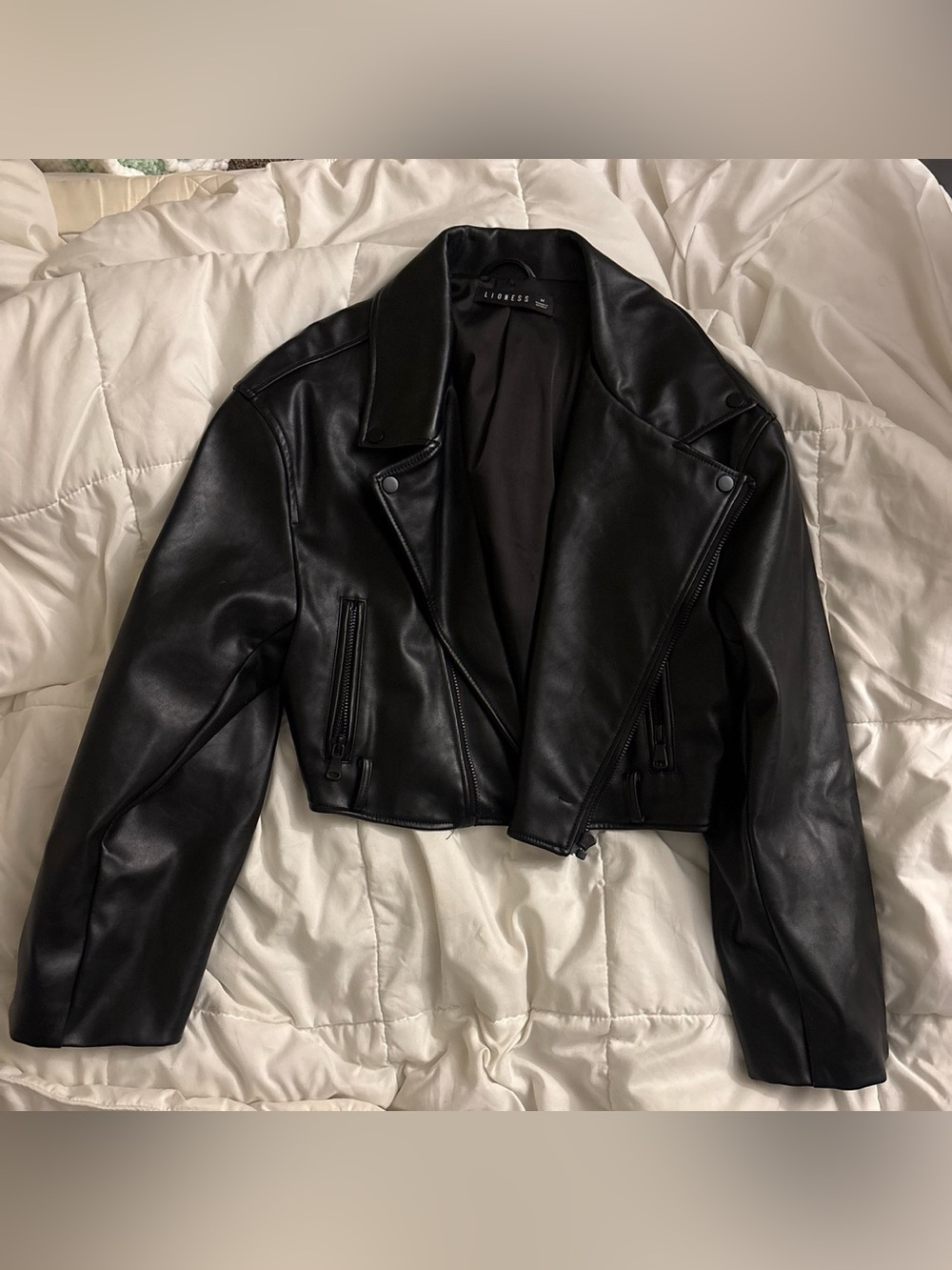 Lioness Black Cropped Faux Leather Moto Blazer